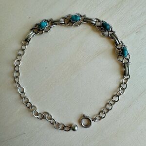 Vintage Artisan Link Bracelet Adjust 8 Inch Turquoise Flowers 925 Sterling 5.7g